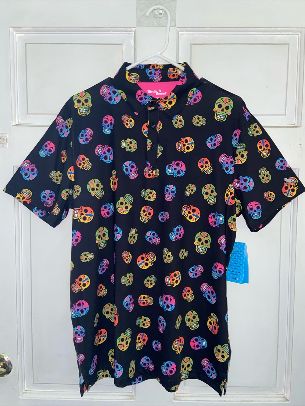 Mens Black Polo Shirt with Neon Sugar Skull Print